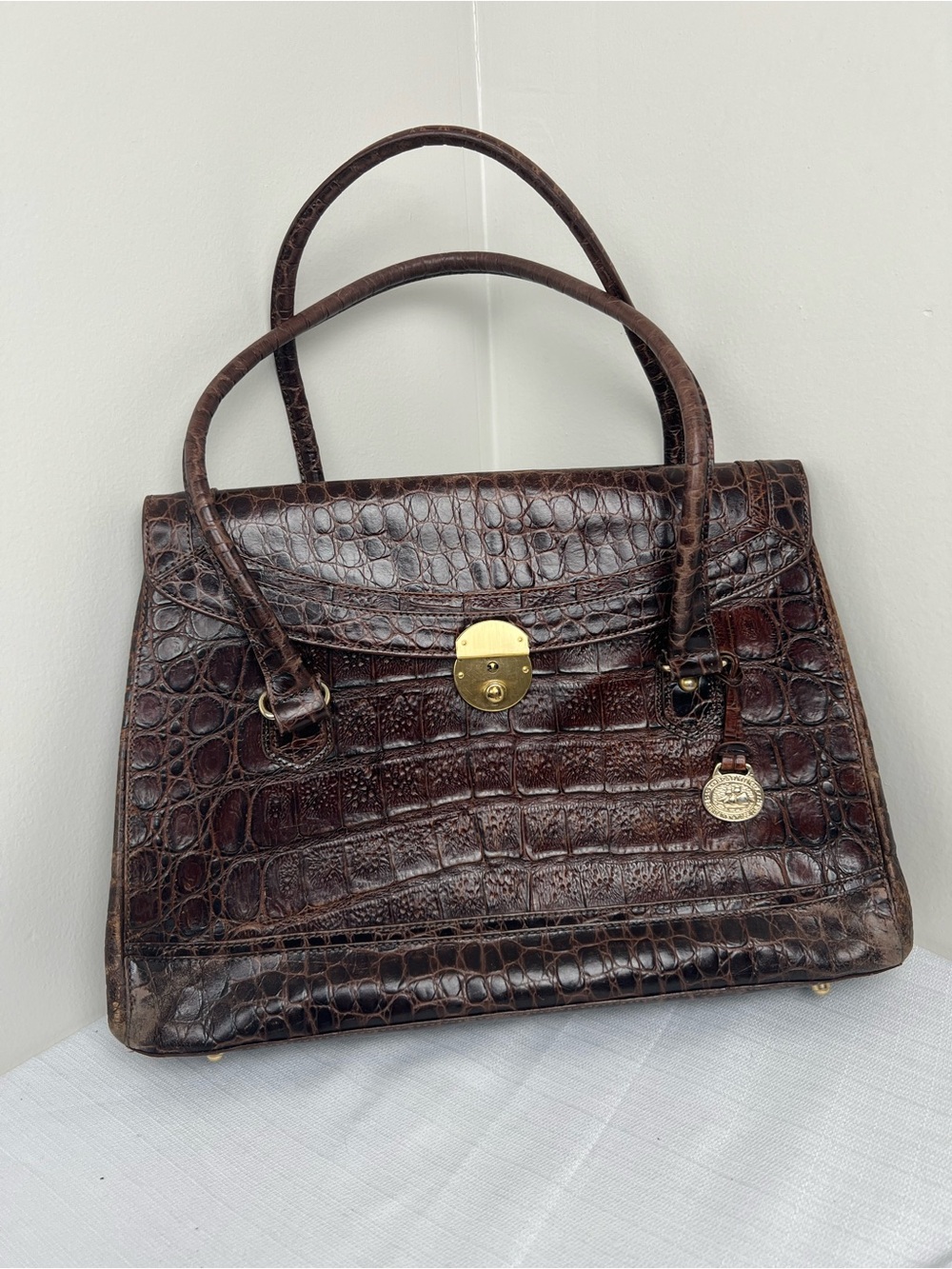 Brahmin Vintage Dark Brown Croc-Embossed TopHandle Satchel w Brass Pulldown Lock